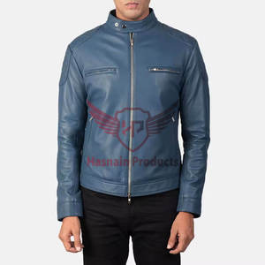 Chaqueta de motorista de cuero azul de calidad superior para hombre Piel de oveja genuina 100% Cuero real Oferta de precio al por mayor - Product Image 1