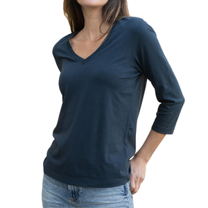 T-shirt pour femme en coton biologique de luxe 100% certifié GOTS, col en V, manches 3/4, bleu marine, pré-rétréci, respirant, classique - Product Image 4