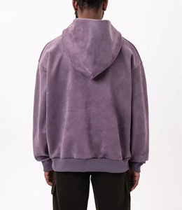 Sudadera con capucha púrpura de invierno para hombre, ropa de calle lavada, 380 GSM, forro polar de gamuza recortada, dobladillo crudo, sudaderas con capucha bordadas personalizadas con hombros caídos - Product Image 2