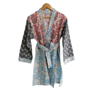 Albornoz Kimono de retazos de algodón colorido para mujer, vestido de noche corto con estampado Floral hecho a mano