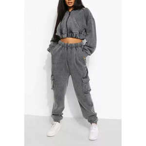 Conjuntos Deportivos Vintage Personalizados para Mujer, Estilo Urbano, Bordado Desgastado, Parches, Lavado Ácido, Sudadera con Cremallera y Pantalones Deportivos - Product Image 1