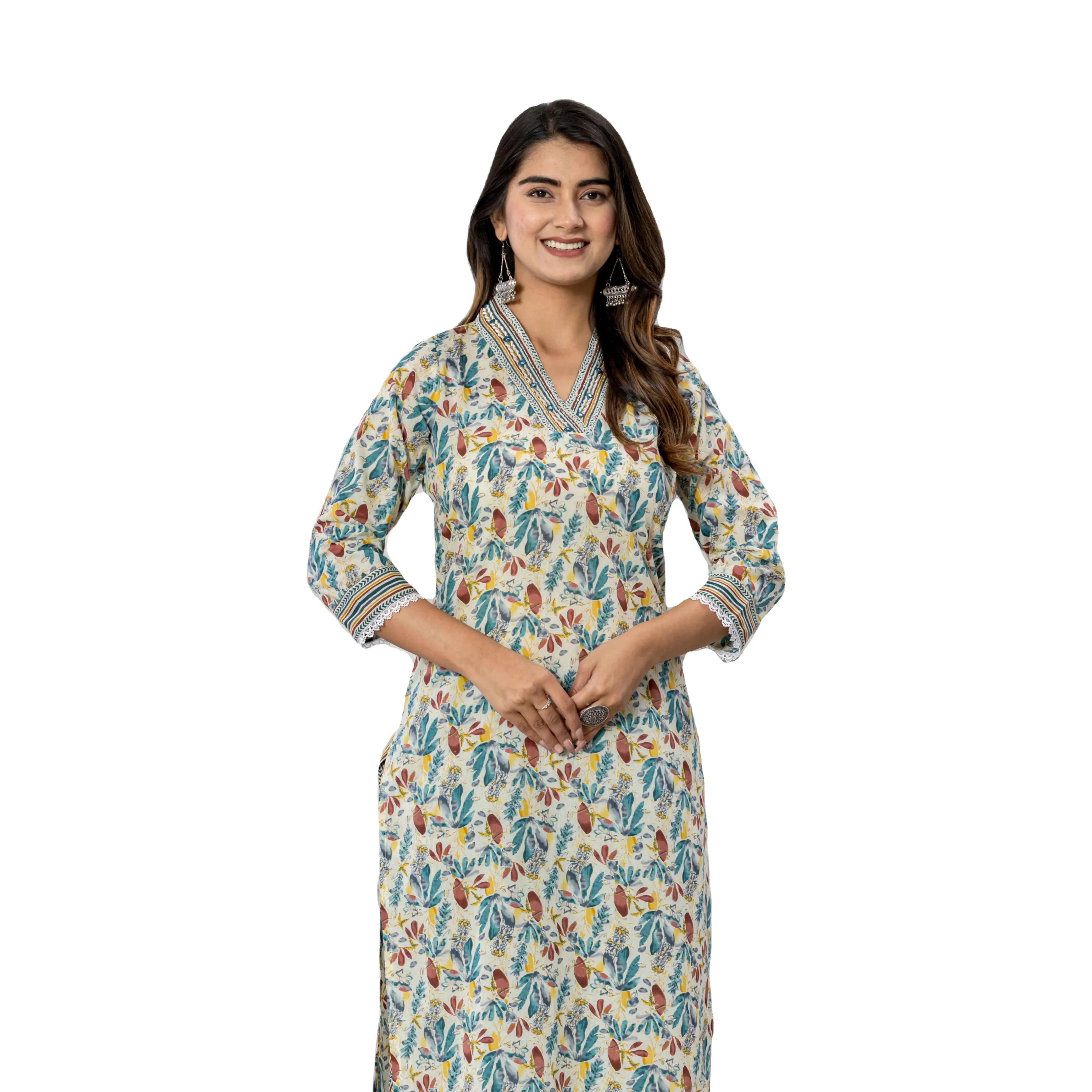 Phụ nữ màu đỏ họa tiết dân tộc kurta với churidar với dupatta A-line hình dạng thường xuyên phong cách Vòng cổ dài tay áo thường xuyên