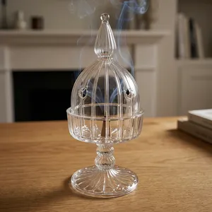 Brûleur d'encens en verre côtelé transparent avec couvercle en dôme, porte-encens décoratif de style cristal pour la décoration de la maison - Product Image 1