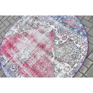Turkish Round Rug 4.6x4.7 ft, <b>Red</b> Blue Floral Rug <b>Wool</b> - Product Image 5
