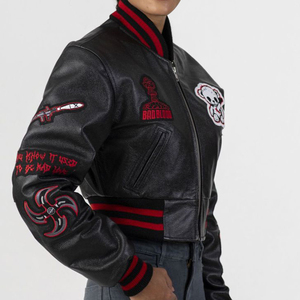 Veste universitaire en cuir véritable sur mesure de haute qualité pour femmes, streetwear, coupe courte, patchs en chenille, broderie de lettres pour - Product Image 6