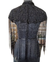 Clásico Exclusivo Vintage Negro Bordado a Mano con Cuentas y Lentejuelas, Flecos Densos, Malla Transpirable, Ecológico, Talla Grande, Primavera