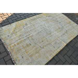 4.5x7.5 ft Vintage Rug, Turkish Area Rug, <b>Yellow</b> Check <b>Wool</b> Rug - Product Image 2