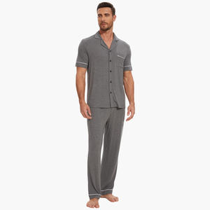 Ensemble de pyjama décontracté et confortable à carreaux, manches courtes, pantalon long, 2 pièces, coton, vêtements de détente pour hommes - Product Image 1