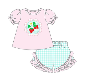 <span class=keywords><strong>Ensemble</strong></span> de vêtements d'été pour enfants pour filles <span class=keywords><strong>rose</strong></span> à volants bulles fraise Plaid broderie bébé élégant deux pièces ensembles pour enfants - Product Image 2