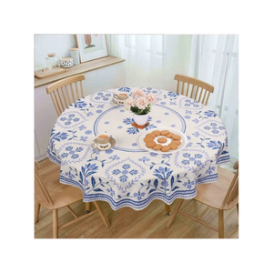 Blue White Round Cotton Tablecloth Floral Medallion Print Scalloped Border Dining <b>Table</b> <b>Cover</b> Wholesale OEM ODM Supplier - Product Image 1