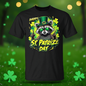 Camiseta St Pat Rizz Day Raccoon negra para hombre, cuello redondo, manga corta, impresión digital, camiseta promocional - Product Image 3