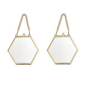 Elegant hexagon hanging photo <b>frame</b> crafted from polished brass and clear glass designed to display a single photo - Product Image 3