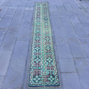 Vintage <b>Runner</b> Rug 1.7x11.5 ft, Blue <b>Green</b> Ikat Rug Wool - Product Image 1