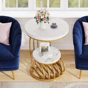 2-Tier Metal Nesting End <b>Table</b> Round <b>Sofa</b> <b>Side</b> <b>Table</b> & Snack/Coffee/Tea <b>Table</b> Marble Look for Living Room Bedroom Apartments - Product Image 4