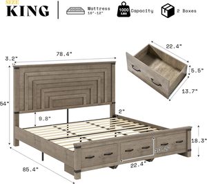 Trang Trại Vua Kích Thước Mộc Mạc Gỗ Grey Khung Giường 54 "Cao Hình Học Đầu Giường Chân Lớn Lưu Trữ Ngăn Kéo Không Có Hộp Mùa Xuân Giường - Product Image 5