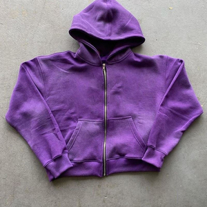 Personalizado Drop Shoulder desgastado 100% algodón lavado en blanco Zip up Vintage Boxy recortado cortar y coser sudaderas con capucha de gran tamaño para hombres - Product Image 6