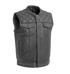 Motorcycle Diamond Quilted Leather Vest Black Leather Men Vest, Cowhide Biker Vest, High Quality Winter Knitted Smart Casual