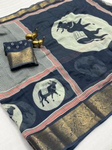 ส่าหรีผ้าฝ้ายเนื้อนุ่มสวยงามมีดีไซน์คาลม์คาริทั้งหมดพร้อมขอบเจคโครด - Product Image 5