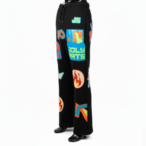 <b>Women</b> Flare Pant Premium Heavy 300 GSM Cotton Blend Fleece Black Statement Graphic Panels Custom Logo <b>Women's</b> Pant - Product Image 4