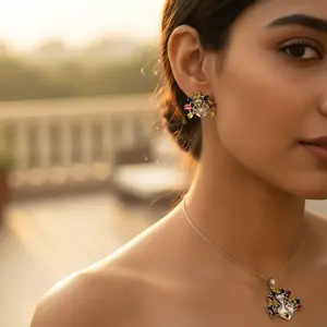 Juego de Joyas de Plata 925 con Múltiples Piedras Preciosas, Diseño de Pavo Real, Clásico y Vintage, Aretes y Colgante con Perlas, Diamantes y Oro, para Regalo de Boda, Fiesta o Compromiso - Product Image 3