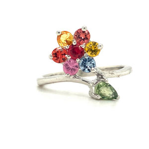 Anillo de flor multicolor de Plata de Ley 925 para mujer, piedra preciosa de zafiro múltiple natural de rodio, joyería de moda para bodas - Product Image 1