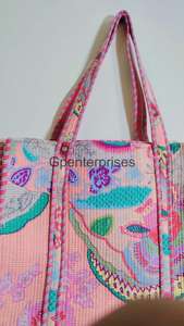 Traditional Indian Kantha Quilted Hand Block <b>Floral</b> Printed <b>Tote</b> <b>Bag</b> Large Casual Trendy Custom Fashion Accessory - Product Image 4
