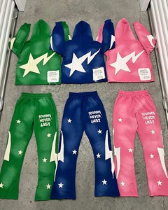 Conjunto Deportivo Personalizado con Lavado Ácido, Conjunto con Cremallera, Pantalones Deportivos Acampanados con Lavado Ácido y Sudadera con Capucha, Chándal con Parches Desgastados para Hombre - Product Image 4