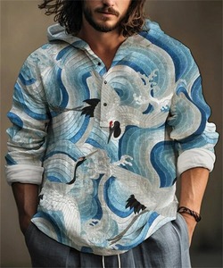 Nouveaux hommes à capuche mode simple bambou lin printemps et automne polyvalent art créatif imprimer petit poisson chemise hommes hauts - Product Image 4