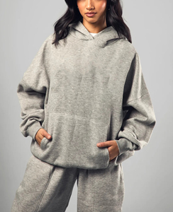 Ensemble de jogging surdimensionné 100% coton pour dames sur mesure couleur unie épaules tombantes 2 pièces tenues à capuche et pantalons de survêtement ensemble pour femmes - Product Image 2