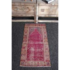 Vintage Turkish Small Rug 2x3.7 ft, Pink <b>Yellow</b> Geometric <b>Wool</b> Rug - Product Image 1