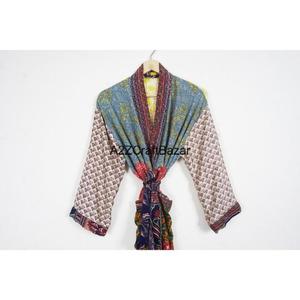 Kimono long en soie 100% fait main pour femmes, de haute qualité, patchwork vintage, robes de demoiselle d'honneur, col en V, fermeture à cordon - Product Image 2