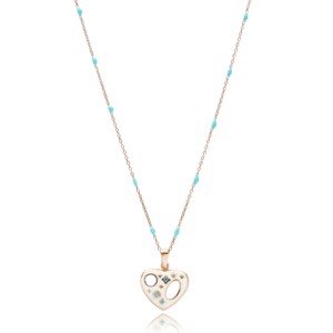 Collar de Cadena con Diseño de Corazón Hueco en Esmalte Blanco y Turquesa, Joyería Turca al por Mayor en Plata de Ley 925 - Product Image 1