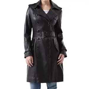 Veste longue à manches longues pour femmes à la mode, en cuir véritable, veste en simili cuir avec poche, tissu denim, 2026 - Product Image 4