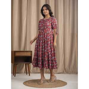 Vestido Casual de Algodón Mulmul Color Granate con Estampado a Mano, Diseño Personalizado, Cintura Natural, Transpirable, Tallas Grandes para XS, Ropa para un Día - Product Image 5