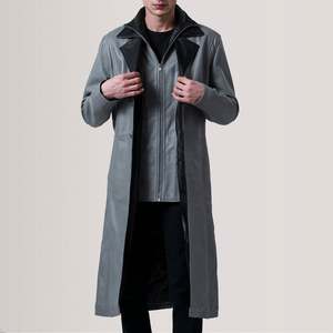 Manteau long à simple boutonnage pour homme Charlton, en tissu de laine, avec capuche, décorations boutonnées, style trench imprimé, aspect cuir gris - Product Image 1