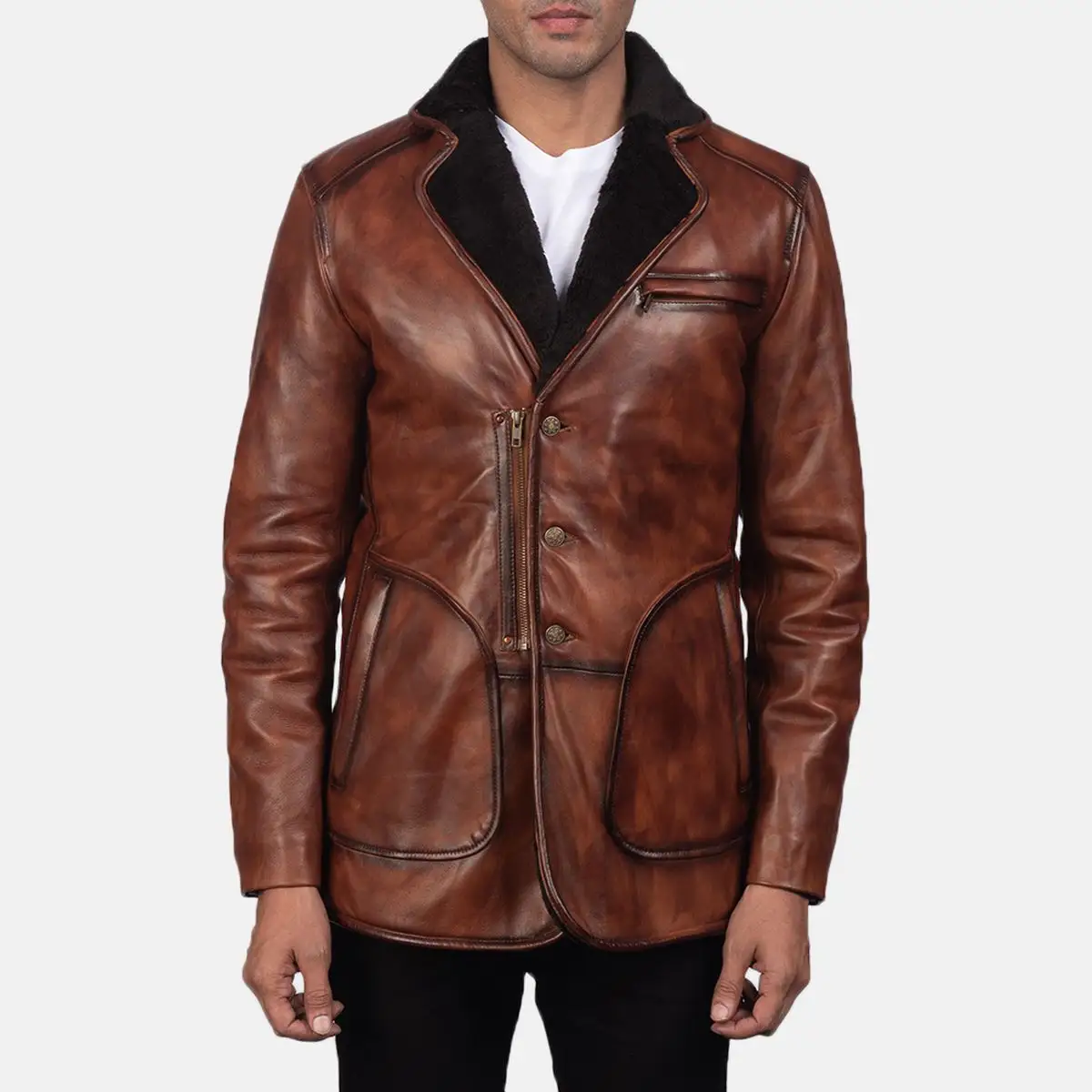 Ur-chaqueta de cuero con botones y media cremallera para hombre, con cuello vuelto chaqueta de piel, color marrón