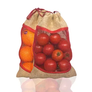 Facile da trasportare frutta verdura HDPE finestra a rete rossa Logo personalizzato ecologico sacchetti con coulisse in iuta a basso prezzo di mercato