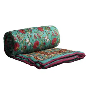 Colcha de mão Jaipuri Rajay estampada floral artesanal, colcha étnica indiana reversível, ideal para decoração moderna de casa