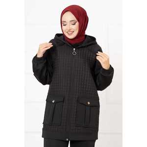 Conjunto de Dos Piezas Acolchado con Capucha Negra, Ropa Deportiva Informal con Patrón Sólido para Invierno y Otoño, Top Largo y Ajustado y Pantalones Cortos - Product Image 2