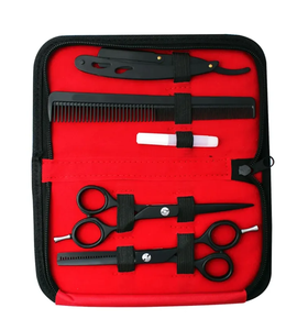 Étui en cuir noir ensemble enduit métal acier barbier rasoir amincissement coupe cisaillement avec étui en cuir cheveux outils et accessoires Kit - Product Image 4