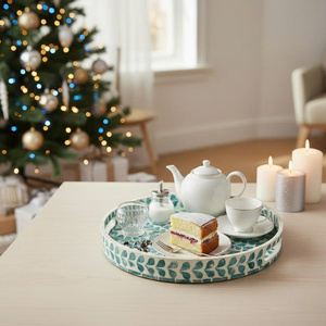 Plateau de service rond en nacre de 12,6 cm avec poignées, plateau décoratif en bois de nacre pour table basse, motif floral turquoise - Product Image 1
