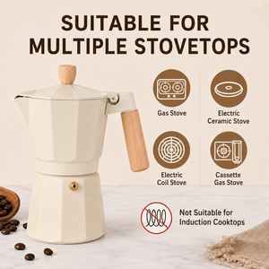 Cafetière Moka en aluminium noir pour cuisinière, avec poignée en bois, style italien, cafetière octogonale - Product Image 4
