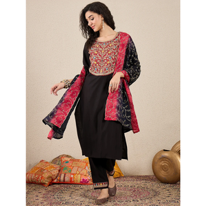 Classic <b>Womens</b> Embroidery Straight <b>Kurta</b> with Pant and Dupatta Set for Traditional Indian Wear At Wholesale Price - Product Image 1