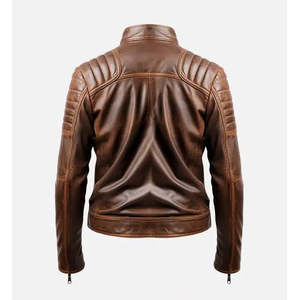 Men's Distressed Brown Genuine Leather Cafe <b>Racer</b> <b>Jacket</b>-Waterproof Zippered - Product Image 4
