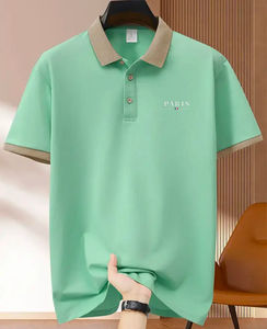 Chemise de golf décontractée pour homme avec drapeau français imprimé polyester tissu tricoté légèrement extensible coupe régulière col à revers bouton couleur unie - Product Image 1