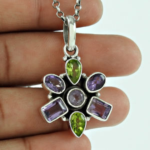Latest Trending Design 925 Sterling Silver Natural Multi Gemstone <b>Flower</b> Shape Pendant Custom Design Jewelry Manufacturer India - Product Image 1