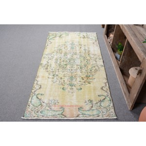 Vintage Turkish Rug Large Area 3.2 X 6.7ft <b>Yellow</b> Green <b>Wool</b> Abstract Patchwork Design for Hallway Rectangular Latex Room Rug - Product Image 2