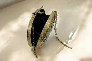 Handcrafted Oval Gold Metal <b>Clutch</b> With <b>Pearl</b> Shell Bead Inlay Luxury Bridal Party Evening Statement Handbag Accessory Design - Product Image 5