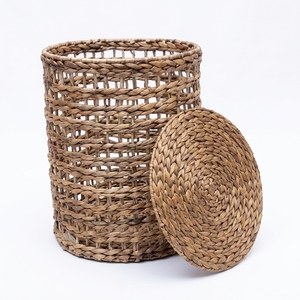 Natural Water Hyacinth Storage <b>Basket</b> <b>With</b> <b>Lid</b> Tall Cylinder Open Grid Weave Laundry Hamper Bin Pure Art Setup Room Decor Crafts - Product Image 1