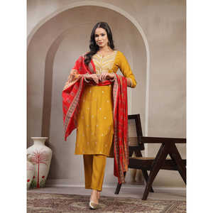 Women's Pure <b>Silk</b> Round Neck Straight <b>Kurta</b> & Trousers with Dupatta Mustard Embroidered Indian & Pakistani Clothing - Product Image 1